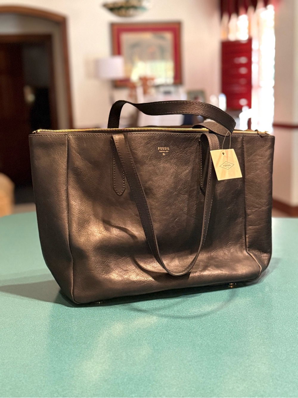 Fossil BLUE Leather Tote with Gold Logo